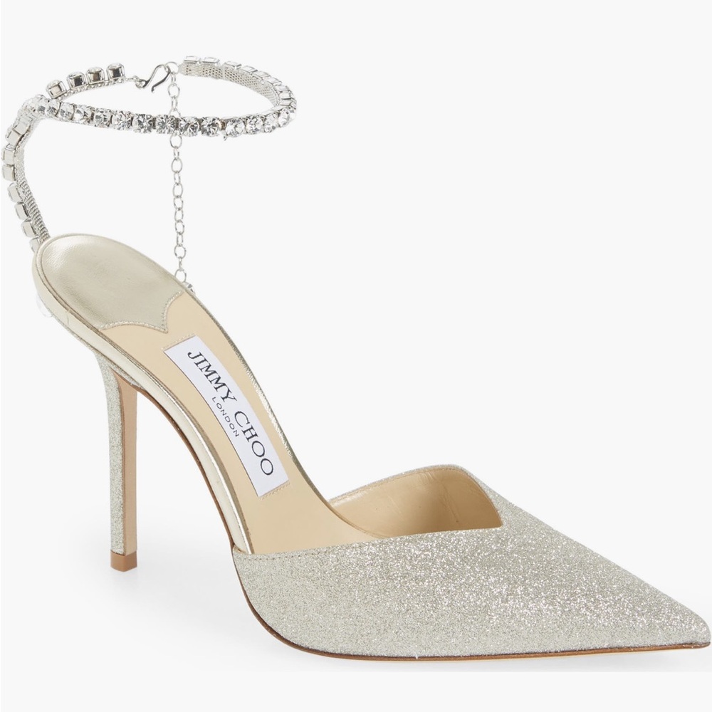 New Jimmy Choo Saeda Glitter Crystal
Ankle Strap Pointed Toe Pump MSRP: $1125